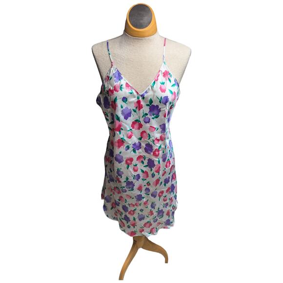 Vtg 1990s Inner Most White Pink Floral Print Satin V-Neck Mini Slip Dress M - Picture 2 of 4